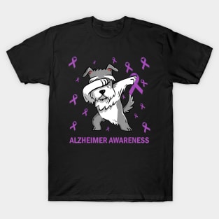 Alzheimer Awareness Dabbing Schnauzer Purple Ribbon Gift T-Shirt